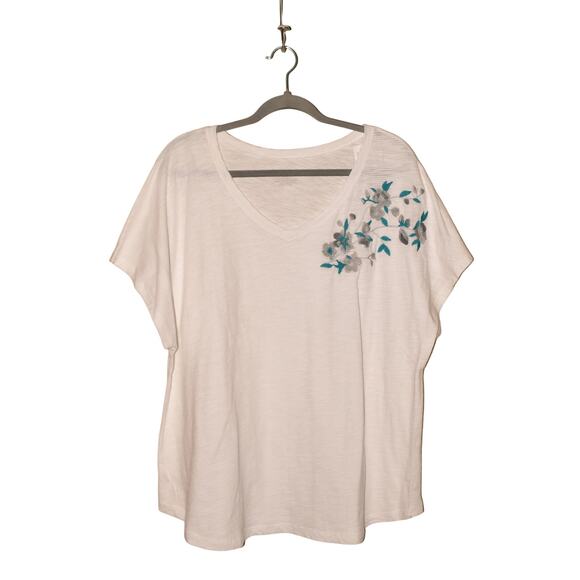 LANE‎ BRYANT NEW $35 White Slub Knit Floral Embroidered  V-Neck Tee Size 18 / 20 - Picture 1 of 3